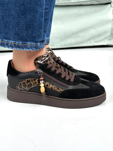 Кроссовки кожаные NilaNila D26KA-365 BLACK/LEOPARD